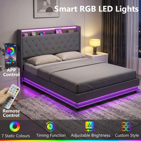 HOMCOM 5ft King Bed Frame with Headboard, Platform Bed Frame with Hydraulic Storage, LED Lights and Charging Station, Grey