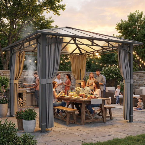 Outsunny 3 x 3 m Outdoor Hardtop Gazebo Canopy with PC Roof, Aluminium Permanent Pavilion Garden Gazebo with Curtains, Tan
