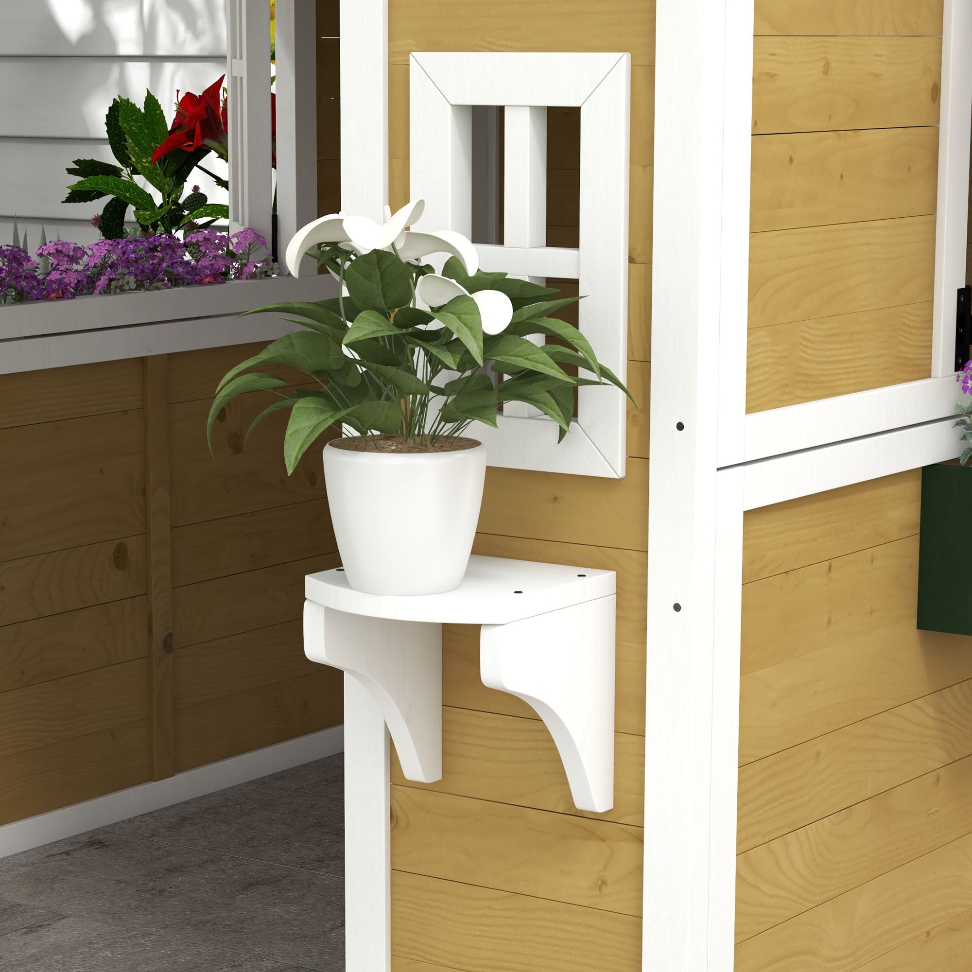 Outsunny Wooden Playhouse with Doors, Windows, Plant Pots, Boxes, for 3-8 Years - Beige