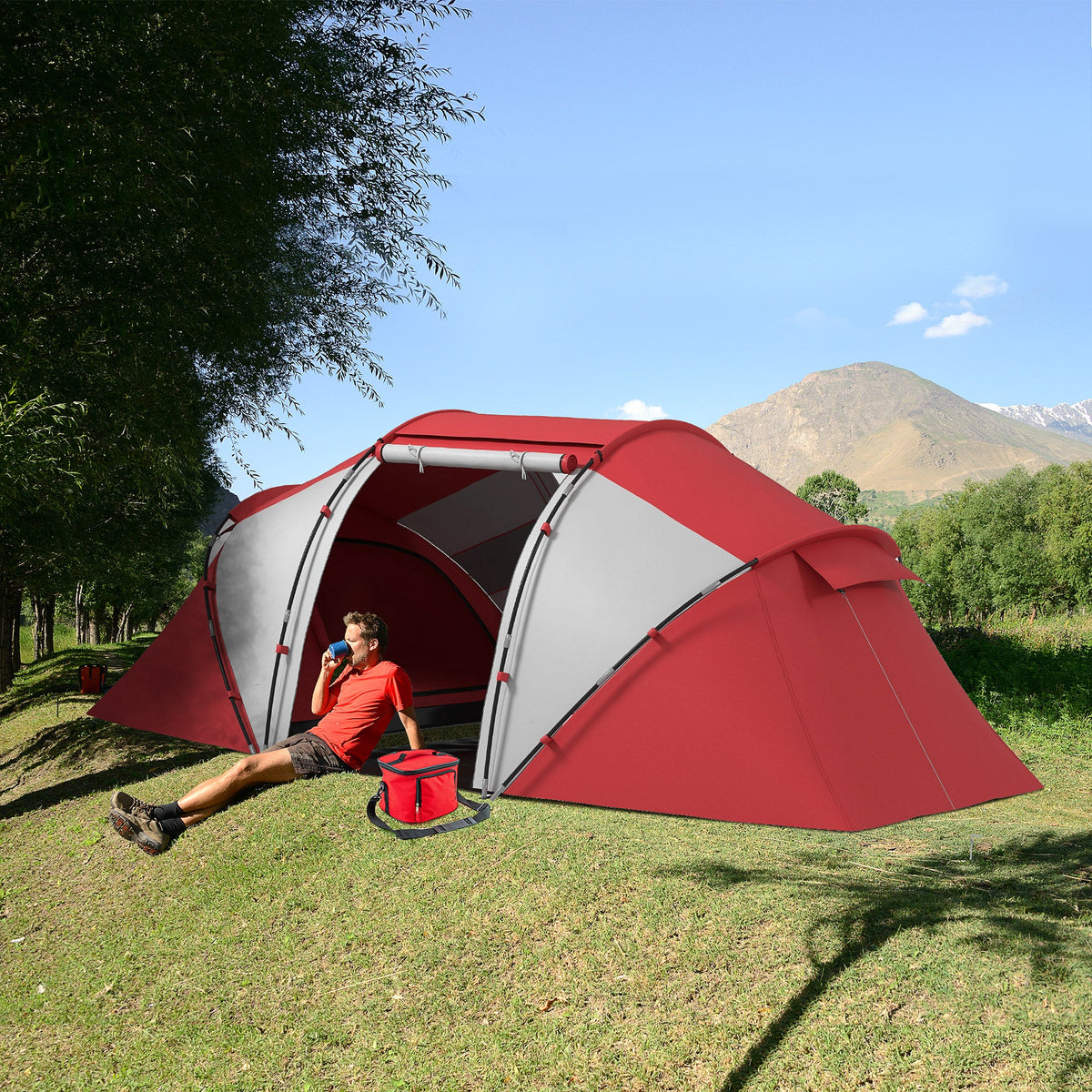 Outsunny 4-6 Man UV Protection Camping Tent - Grey and Red