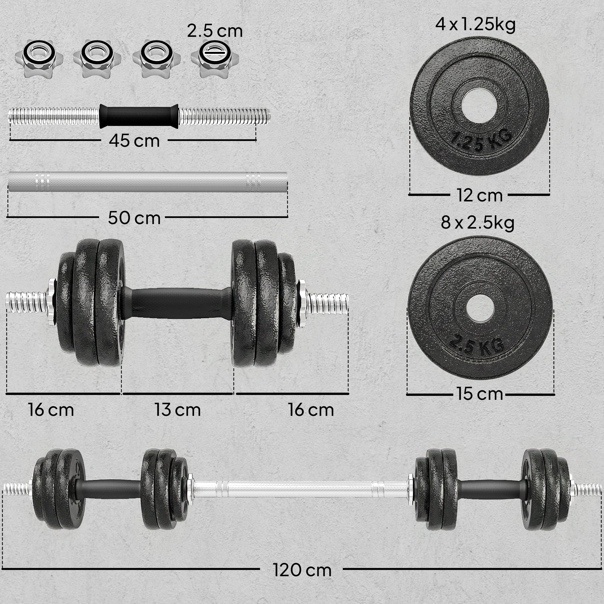 SPORTNOW 2-in-1 Adjustable Dumbbells Set, 30kg Cast Iron Weights Dumbbells Set with Non-Slip Grip for Strength Training, Weight Lifting, Bodybuilding, Home Gym Workout Equipment for Men & Women