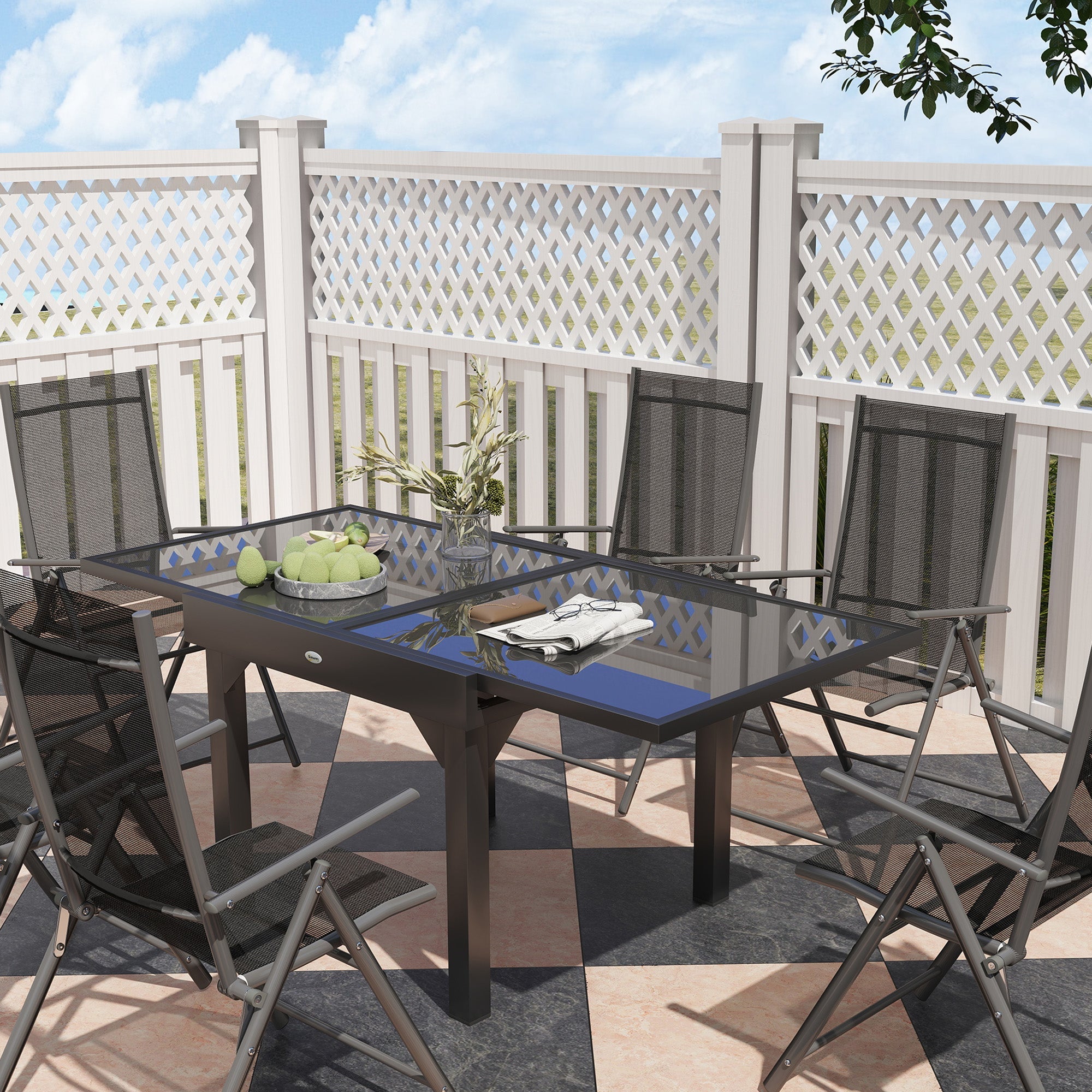 Outsunny 7 Piece Outdoor Dining Set with Extendable Table and 6 Folding Chairs for Patio, Balcony, Deck, Grey