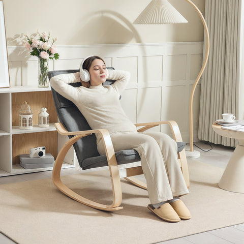 HOMCOM Comfortable Relax Rocking Chair, Upholstered Lounge Chair Recliner with High Back and Headrest for Living Room, Bedroom, Grey