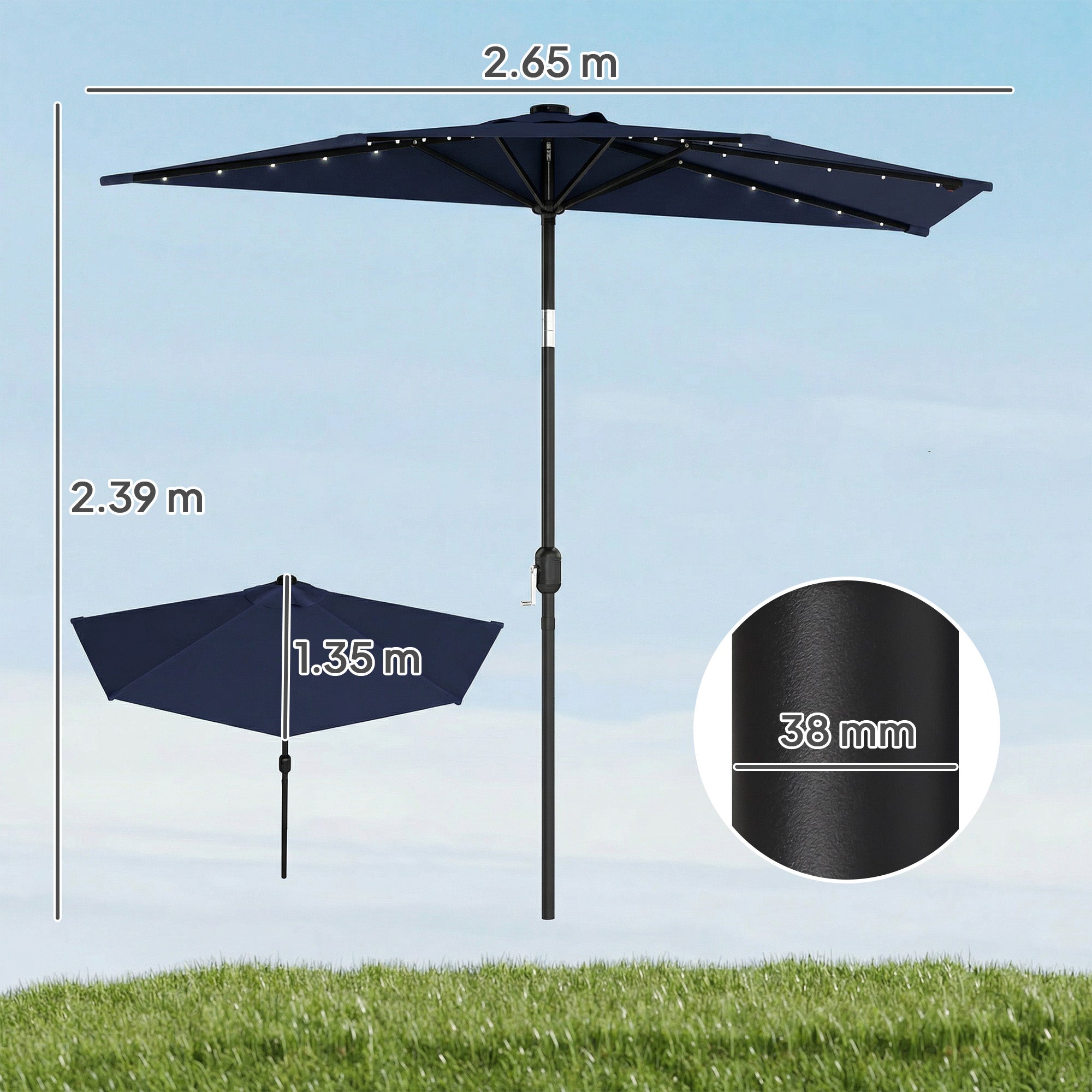 Outsunny 2.6 m Half Garden Parasol with Solar LED Lights, UPF50+ Semi Round Umbrella with 30° Tilt, Crank Handle, Dark Blue