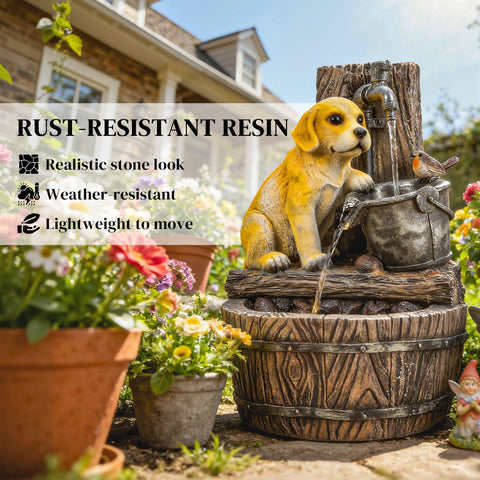 Outsunny Garden Water Feature with 3-Tier Rustic Puppy Design, Freestanding Resin with LED Lights, Adjustable Flow, Rustic Brown