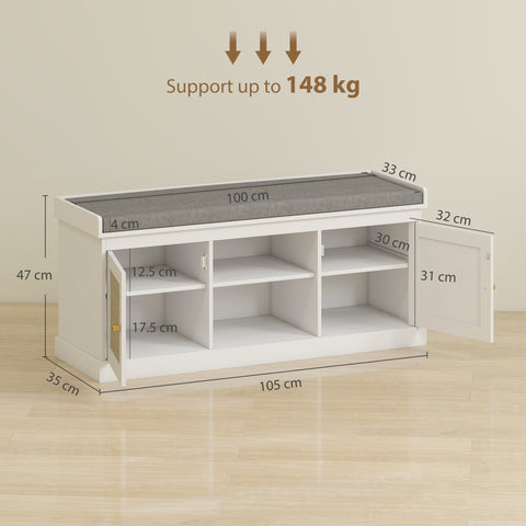 HOMCOM Boho Shoe Storage Bench with Padded Cushion and Rattan Doors - White