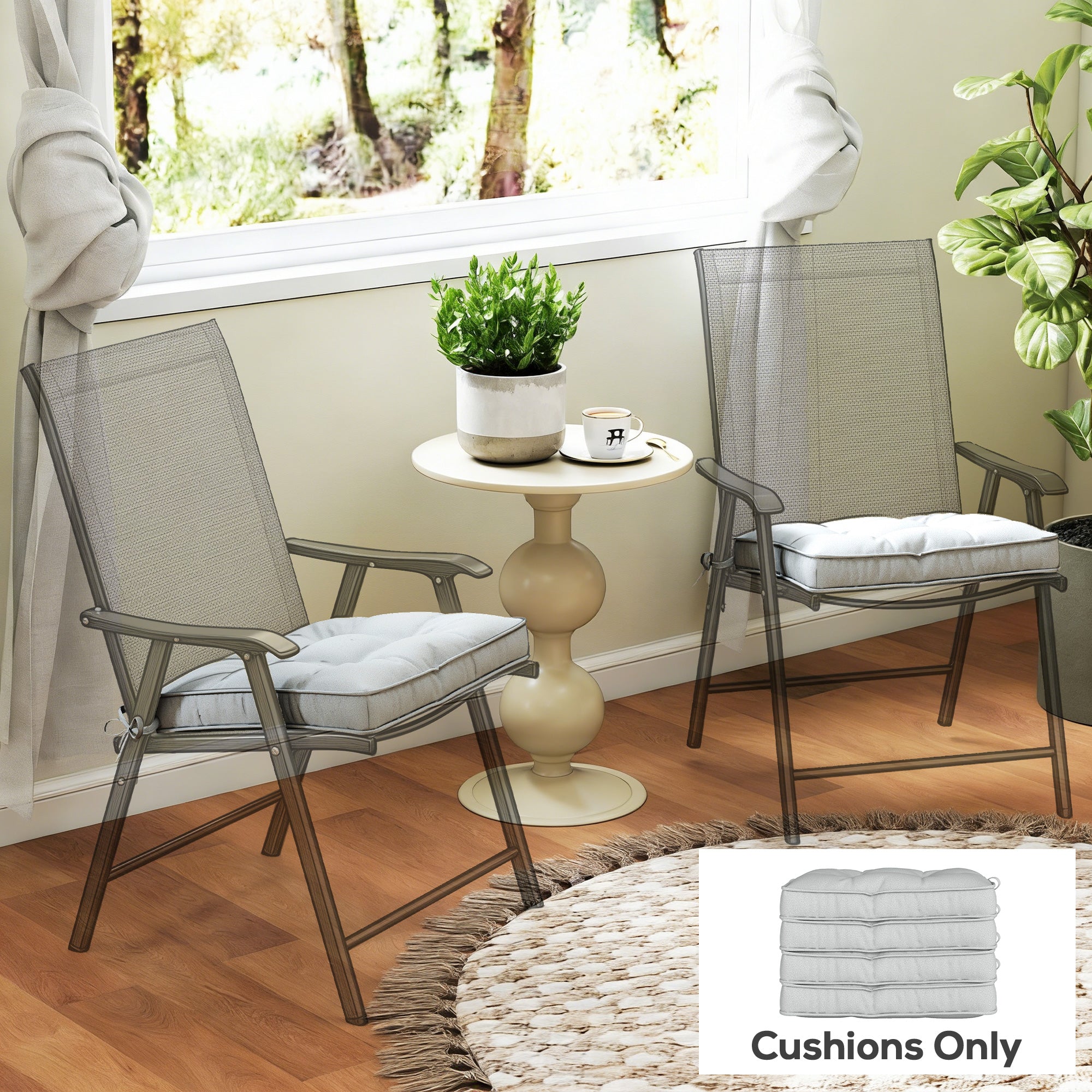 Outsunny Set of 4 Garden Seat Cushion with Ties, 42 x 42cm Replacement Dining Chair Seat Pad, Light Grey