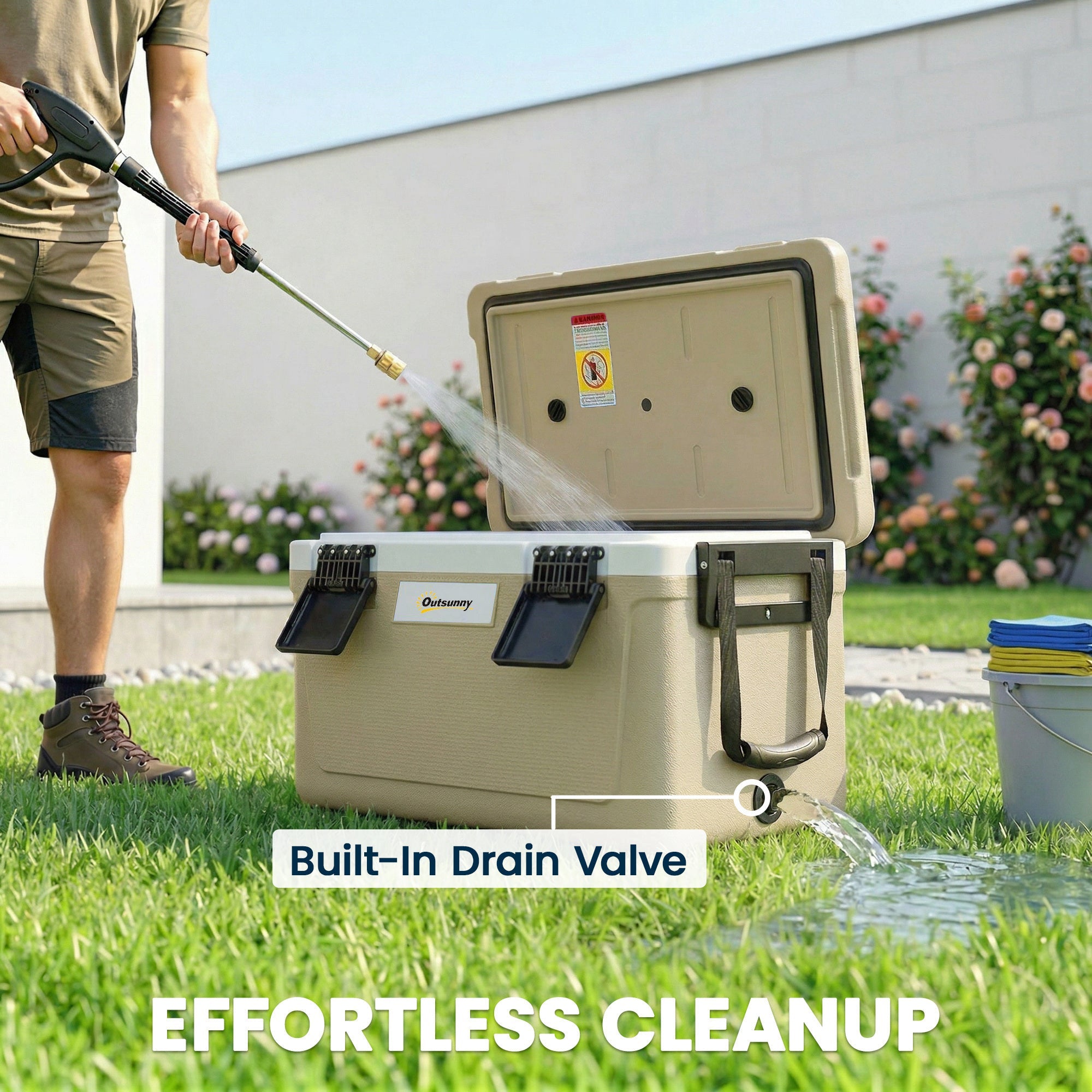Outsunny 42.6L Insulated Cool Box, Lightweight Portable Ice Cooler with Handle, Lid and Drain Valve, Khaki