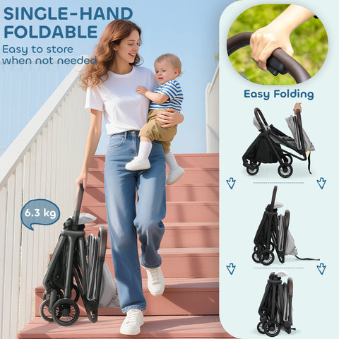 AIYAPLAY Foldable Baby Stroller with Adjustable Seat, 5-Point Harness, Canopy, Basket, 6.3kg Lightweight & Compact, Light Grey