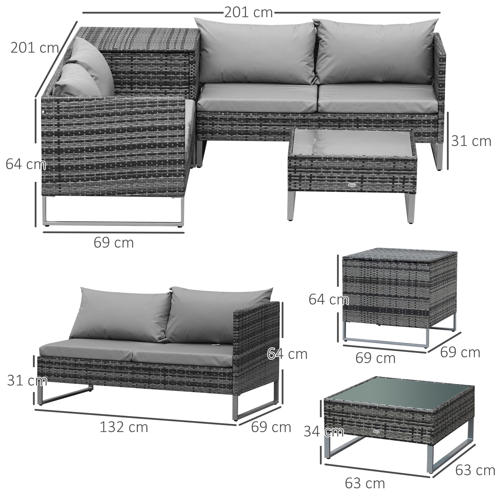 Outsunny 4 PCs Garden Rattan Wicker Outdoor Furniture Patio Corner Sofa Love Seat and Table Set  with Cushions Side Desk Storage - Mixed Grey