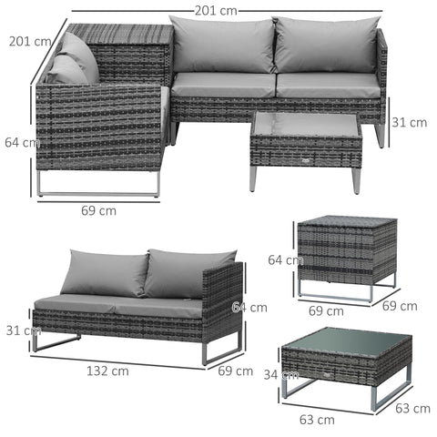 Outsunny 4 PCs Garden Rattan Wicker Outdoor Furniture Patio Corner Sofa Love Seat and Table Set  with Cushions Side Desk Storage - Mixed Grey