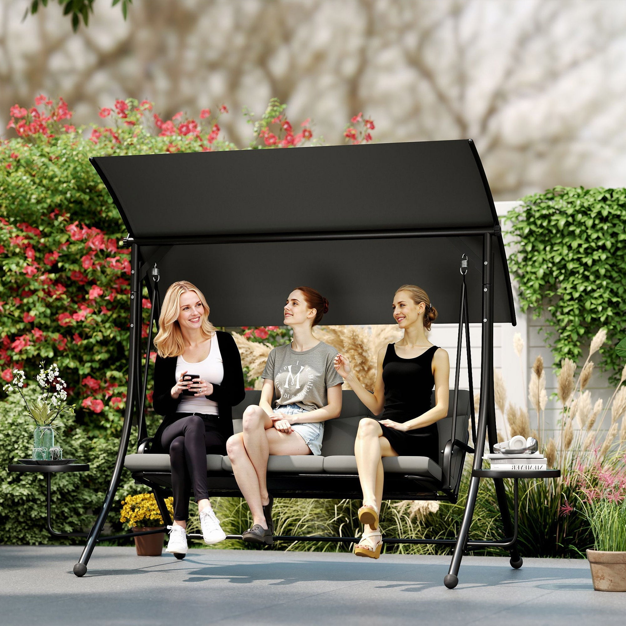 Outsunny 3 Seater Garden Swing Chair with Adjustable Canopy, Cushion and Coffee Tables for Outdoor Dark Grey