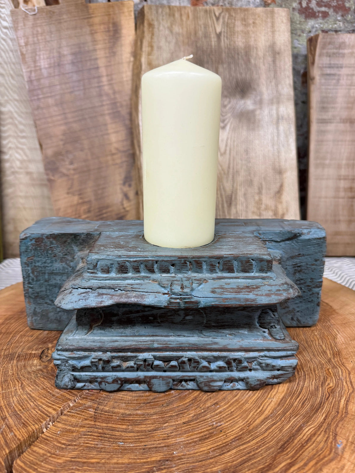 Rustic Church Candle Holder / Indian Pillar Base / Farmhouse Decor Dark Blue