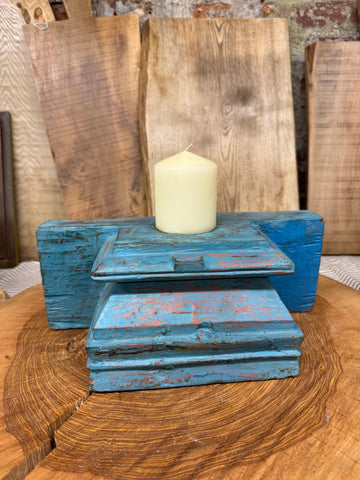Rustic Church Candle Holder / Indian Pillar Base Holder / Farmhouse Decor Blue
