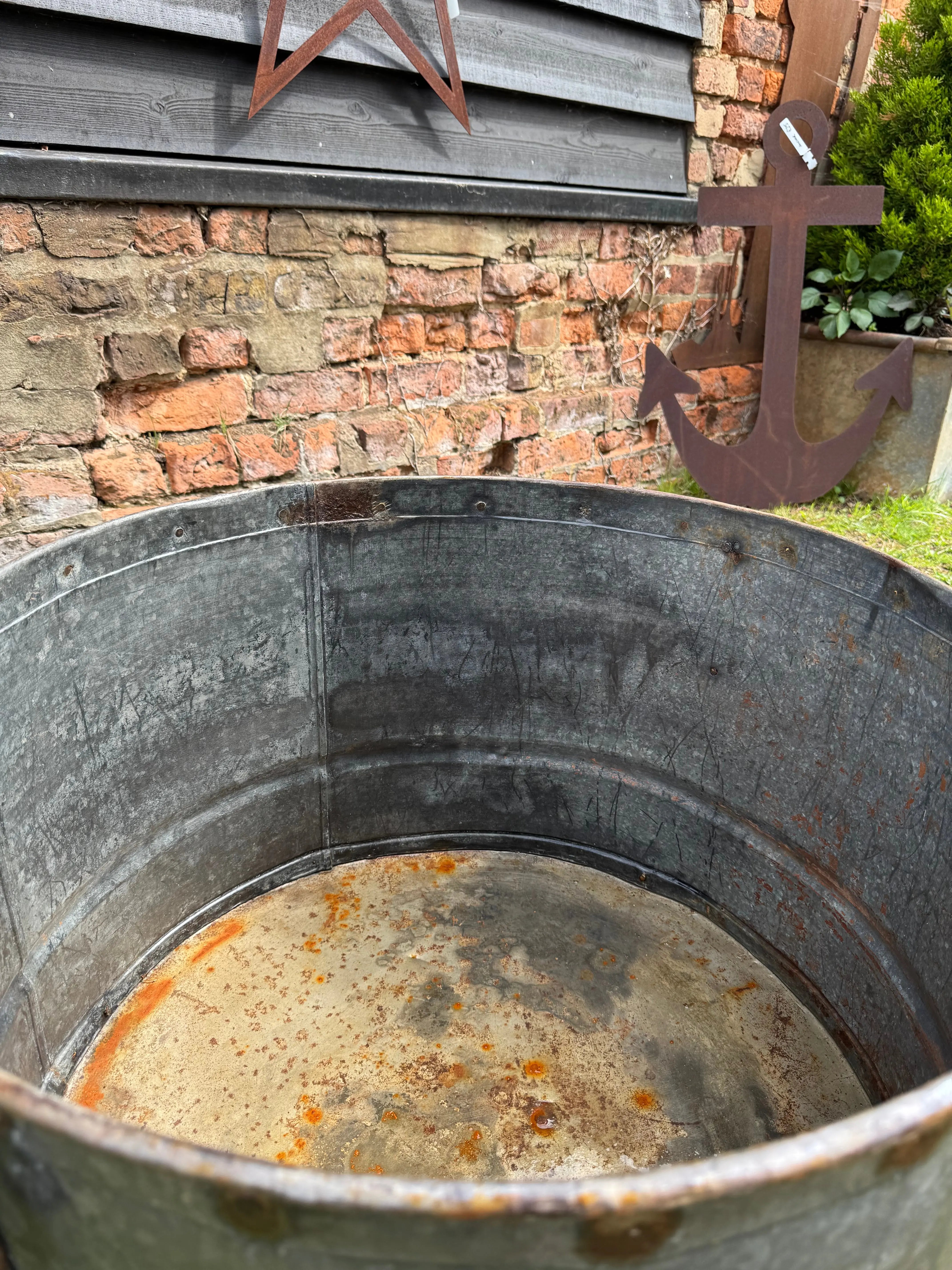 Vintage Galvanised Metal Round Garden Planter Tub Rustic Outdoor Pot