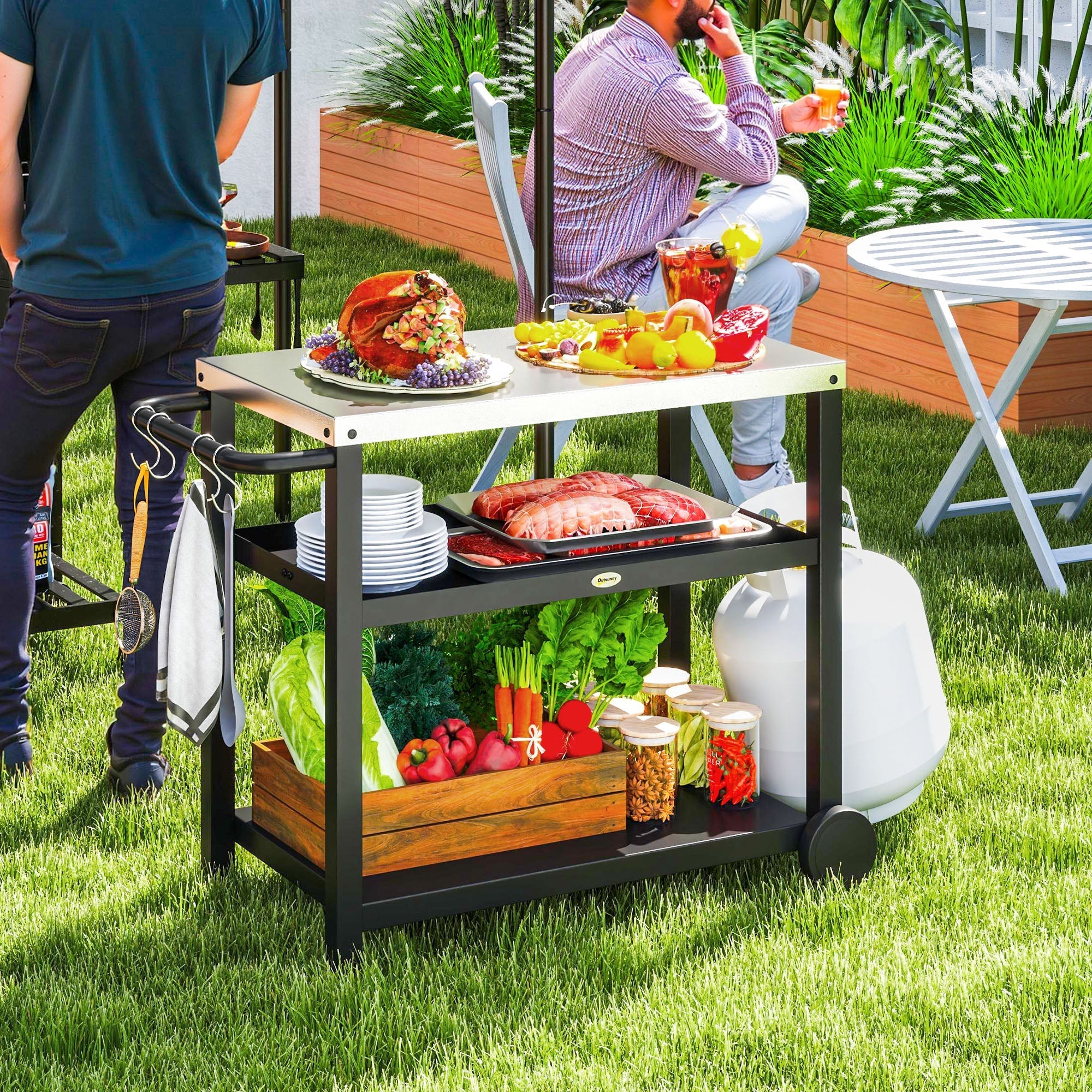 Outsunny Outdoor Grill Dining Cart 3-Shelf Movable Pizza Oven Table Stand with Stainless Steel Top, Portable BBQ Trolley Food Prep Outdoor Kitchen BBQ Station with Hooks Wheels Handle, Charcoal Grey