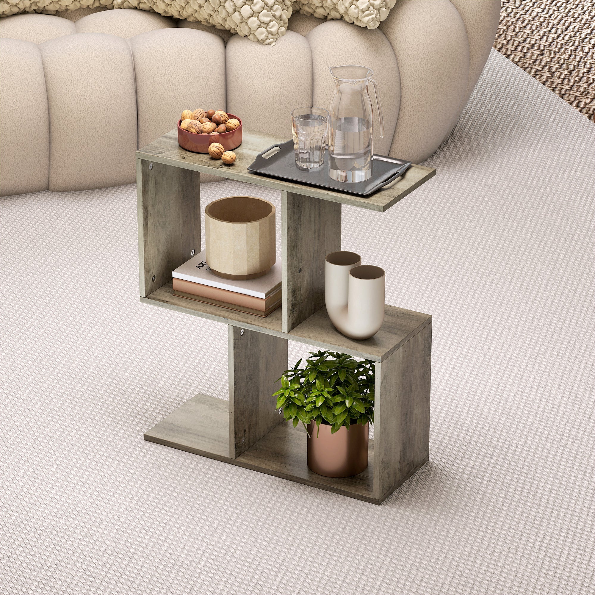 HOMCOM Side Table, Narrow End Table with Storage Shelves, S-Shaped, 3-Tier, 50W x 19.5D x 58H cm, Grey