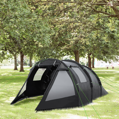 Outsunny 3-4 Man Tunnel Tent, Two Room Camping Tent with Windows and Covers, Portable Carry Bag, for Fishing, Hiking, Sports, Festival - Black