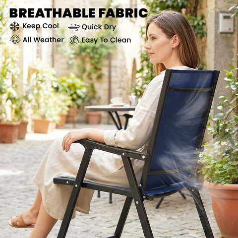Outsunny Folding Garden Chairs Set of 4, Foldable Garden Dining Chairs with High Back, Armrests, Texteline Seat, Navy Blue