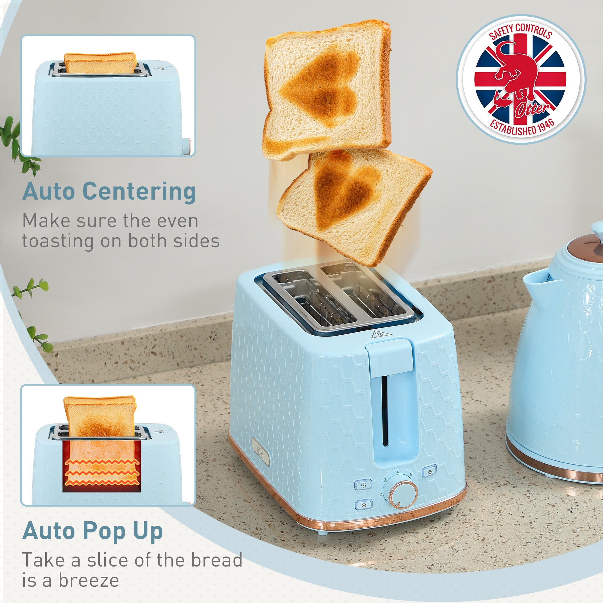 HOMCOM 1.7L 3000W Fast Boil Kettle & 2 Slice Toaster Set, Kettle and Toaster Set with Auto Shut Off, Browning Controls, Light Blue