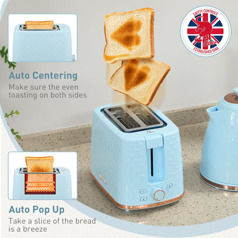 HOMCOM 1.7L 3000W Fast Boil Kettle & 2 Slice Toaster Set, Kettle and Toaster Set with Auto Shut Off, Browning Controls, Light Blue