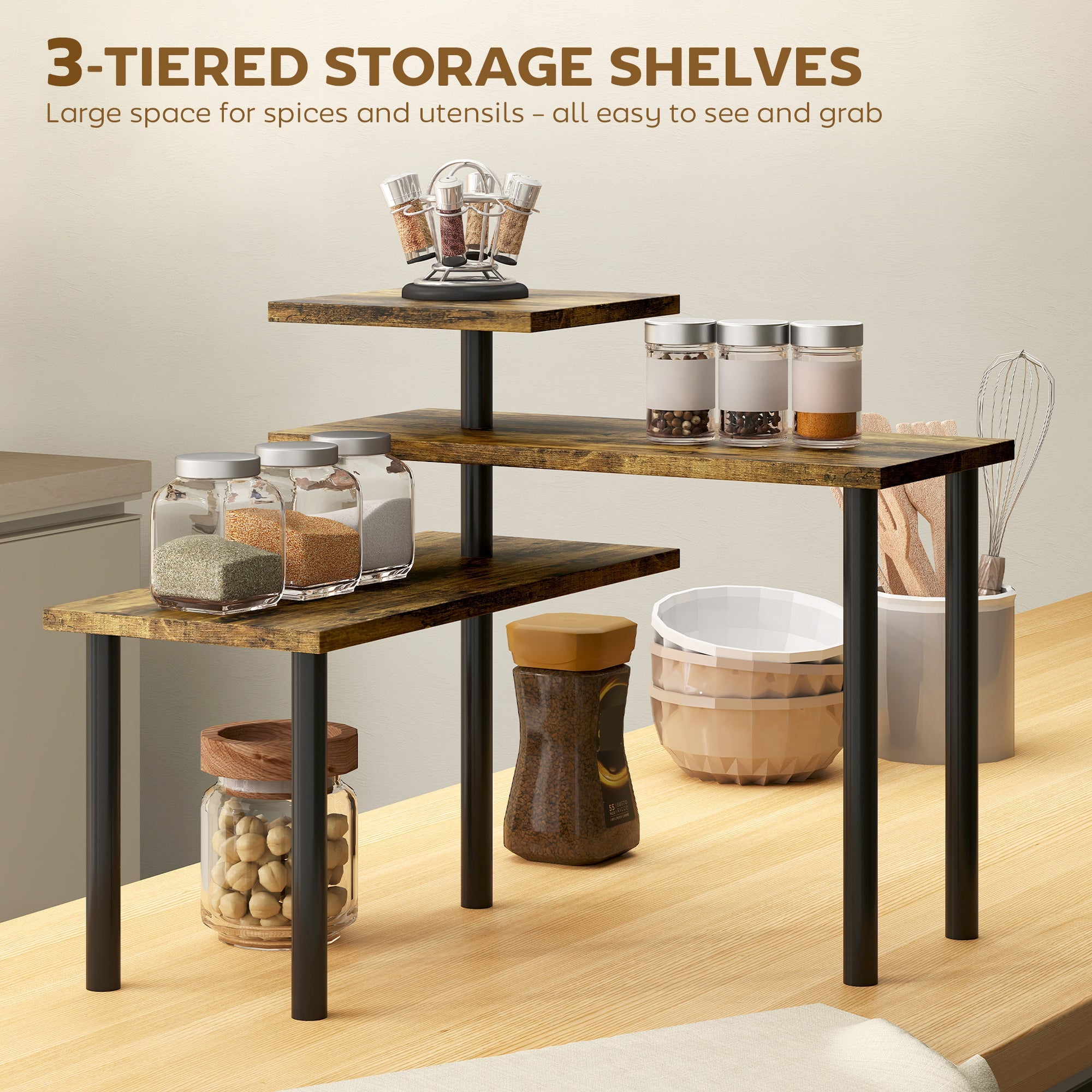 HOMCOM 3-Tier Kitchen Countertop Organiser, Adjustable Spice Rack, Corner Shelf for Kitchen, Coffee Bar, Bathroom, Rustic Brown