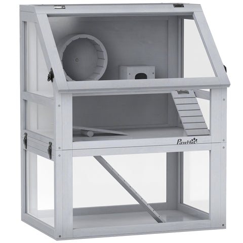 PawHut Wooden Hamster Cage with Detachable 32cm Deep Bottom, Hut, Seesaw, Exercise Wheel, Ramp, 60 x 40 x 75cm, Light Grey
