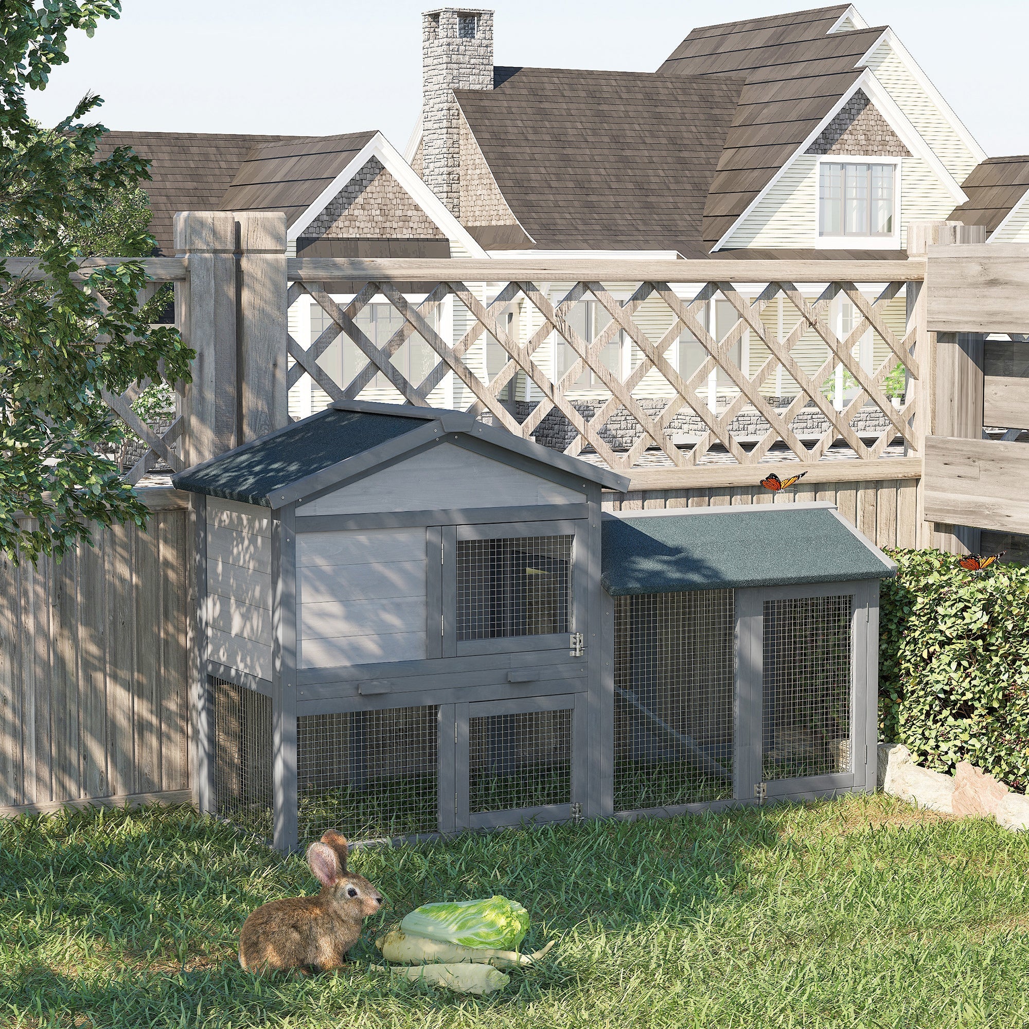 PawHut Wooden Rabbit Hutch Outdoor, Double Tier with Water-Resistant Roof, Ramp 147 x 54 x 84 cm, Grey
