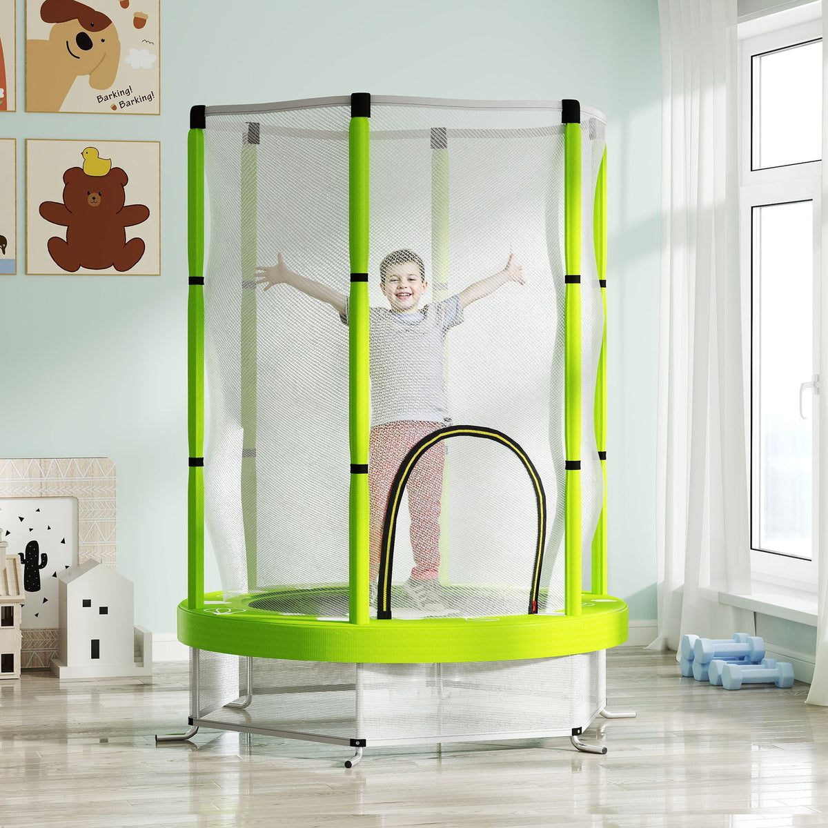 AIYAPLAY 4.6ft Toddler Trampoline w/ Safety Enclosure Net, for Indoor Outdoor Use, Ages 3-6 Years, Green