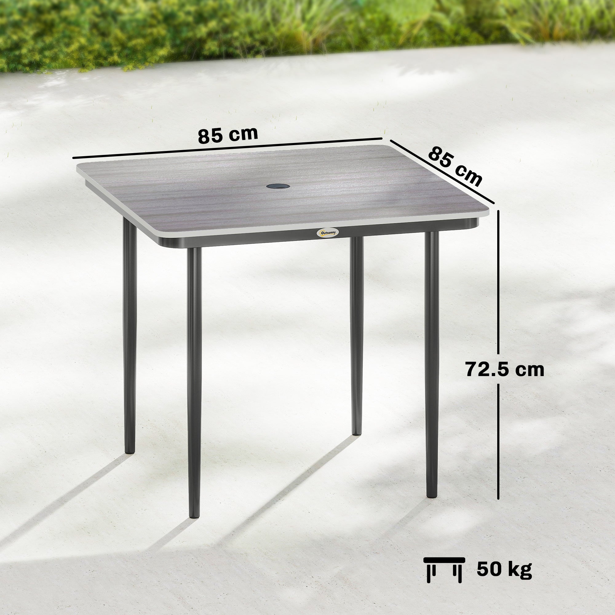 Outsunny Garden Dining Table for 4, 85 cm Square Outdoor Table with Umbrella Hole, Faux Wood Top, Metal Legs, Light Grey