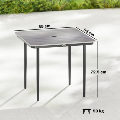 Outsunny Garden Dining Table for 4, 85 cm Square Outdoor Table with Umbrella Hole, Faux Wood Top, Metal Legs, Light Grey
