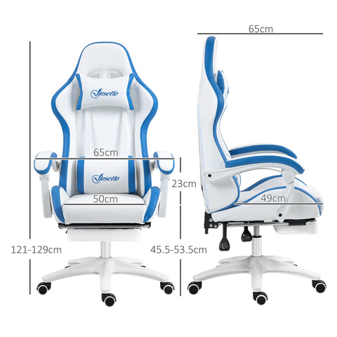 Vinsetto Computer Gaming Chair, PU Leather Desk Chair with Footrest, Swivel Task Chair with 135\'c2\'b0 Reclining Back and Lumbar Support, PC Chair for Adults, White and Blue
