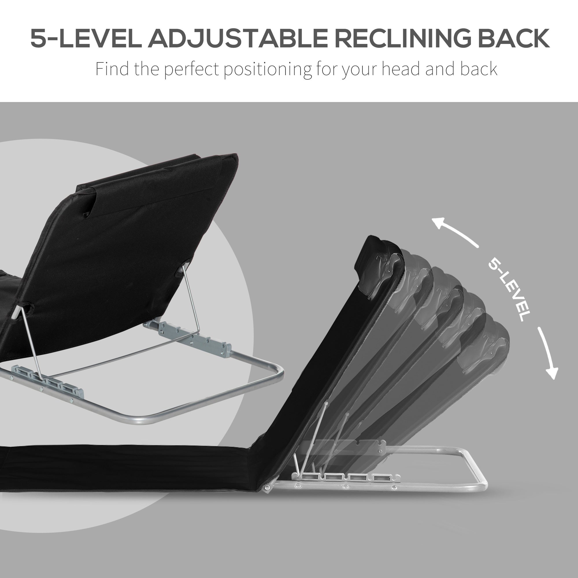 Outsunny Set of 2 Foldable Garden Beach Chair Mat Lightweight Outdoor Sun Lounger Seats Adjustable Back Metal Frame PE Fabric Head Pillow w/ Carry Bag, Black