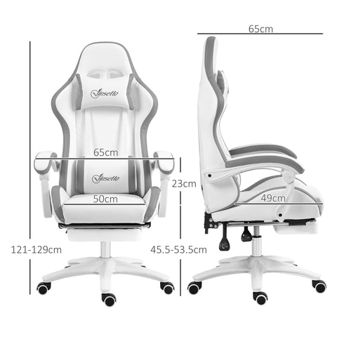 Vinsetto Computer Gaming Chair, PU Leather Desk Chair with Footrest, Swivel Task Chair with 135\'c2\'b0 Reclining Back and Lumbar Support, PC Chair for Adults, White and Grey