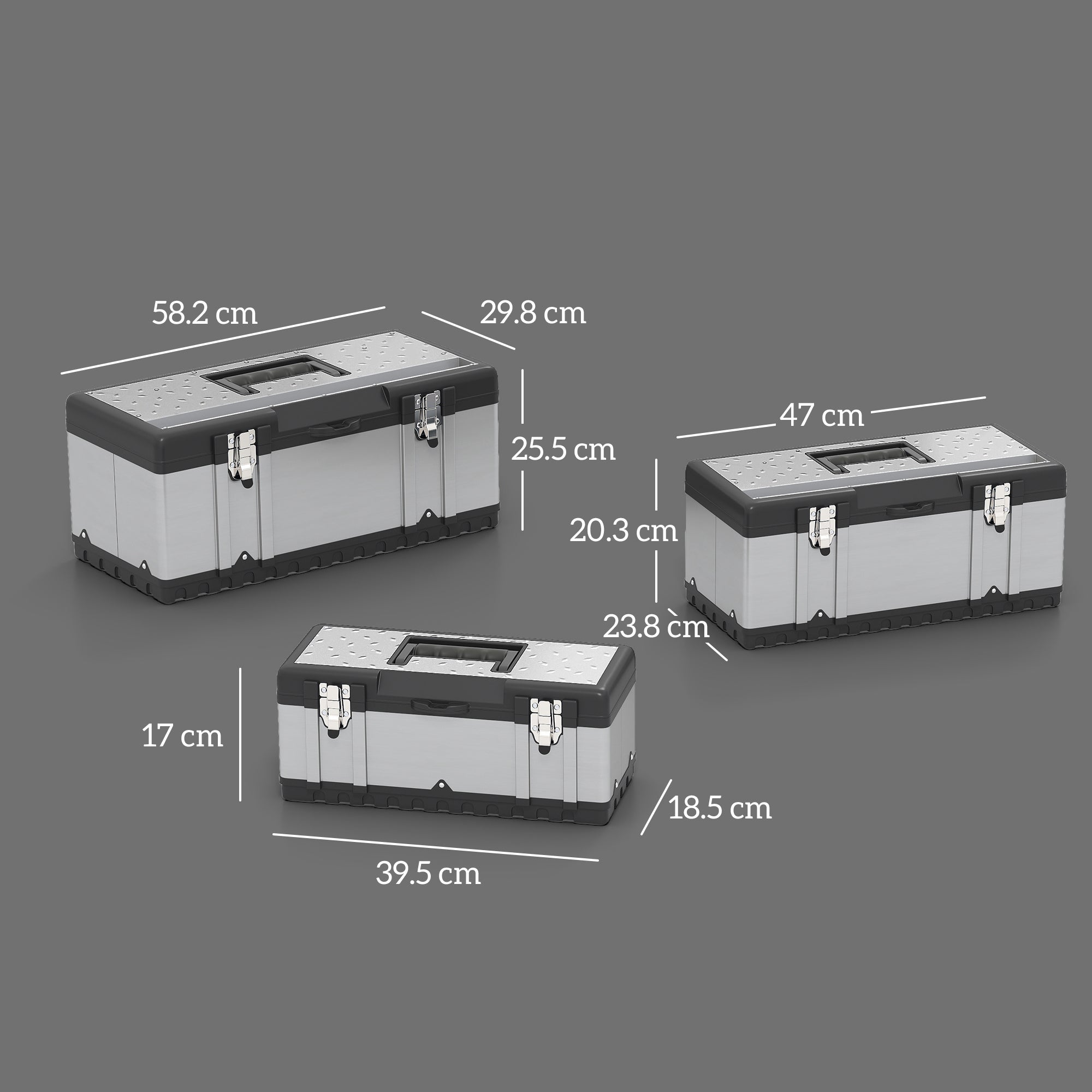HOMCOM 3 Pieces Stainless Steel Toolbox Set, 23"/ 19"/ 16"