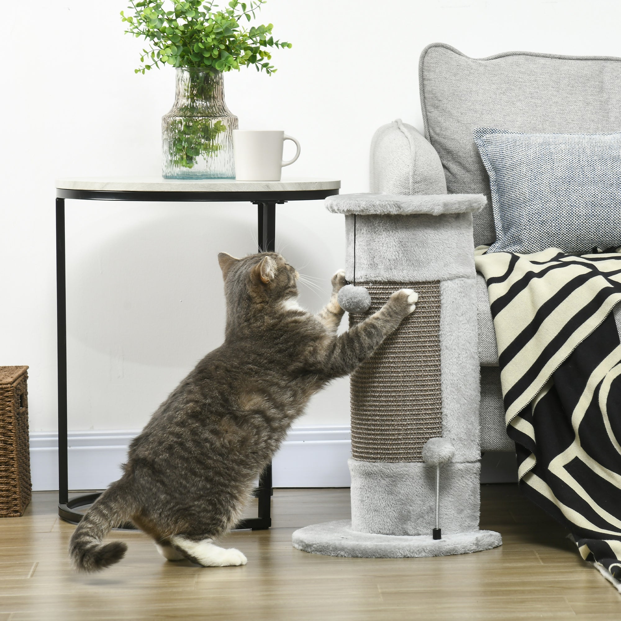 PawHut 58cm Cat Scratching Post, with Covered Plush, Play Balls, for Corner Walls - Grey