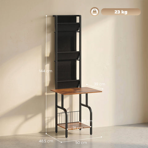 HOMCOM Vinyl Record Player Stand Record Storage with Player Stand Oxford Fabric Pockets Bottom Shelf Rustic Brown and Black