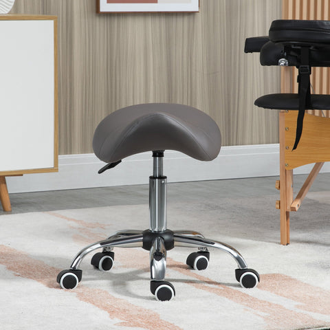 HOMCOM Cosmetic Stool 360\'c2\'b0 Rotate Height Adjustable Salon Massage Spa Chair Hydraulic Rolling Faux Leather Saddle Stool, Grey