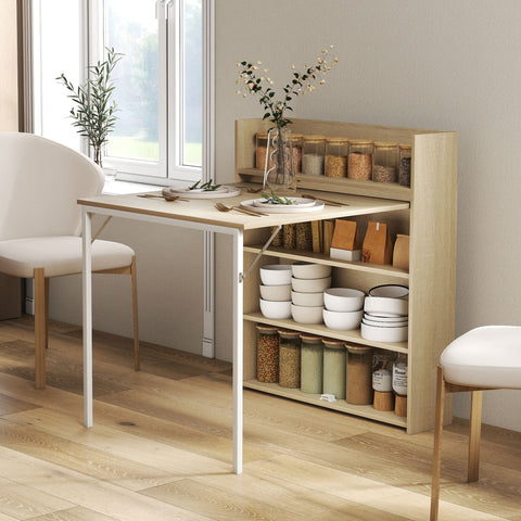 HOMCOM Kitchen Table, Folding Dining Table, with 4-Tier Shelves, Modern Drop-Leaf Table, Oak Wood Effect