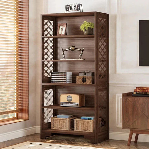 Classic 5-Tier Walnut Bookshelf - Traditional Library Display with Lattice Side Panels