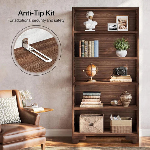 Classic 5-Tier Walnut Bookshelf - Traditional Library Display with Lattice Side Panels