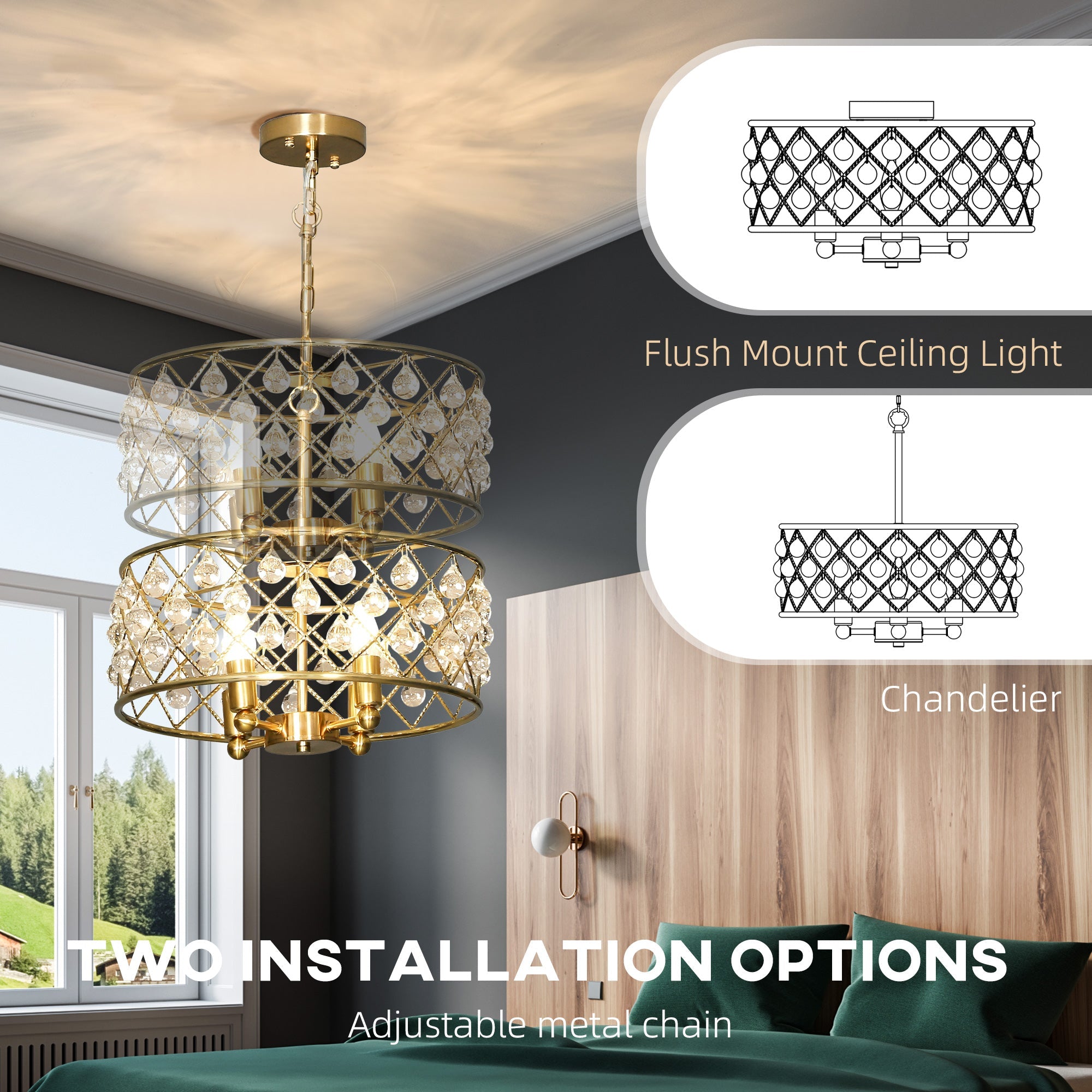 HOMCOM 51 Crystallite Four-Bulb Chandelier - Gold-Tone