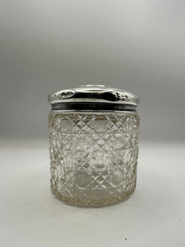 Antique Solid Sterling Silver Topped Cut Glass Pot  / Dressing Table Pot