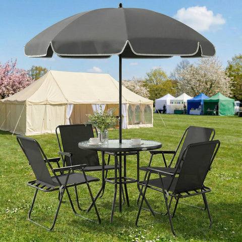 Outsunny 4 Seater Garden Furniture Set, 6 Pieces Garden Table and Chairs with Parasol for Patio, Black