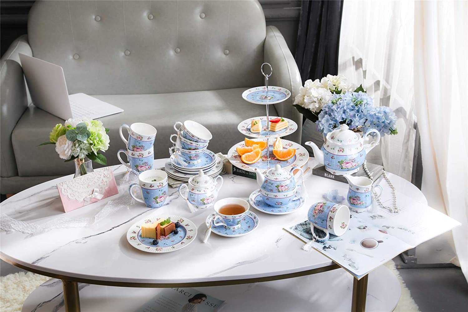 London Boutique Cake Plate Set 4 Porcelain Fine China Wide Rimmed Shabby Chic (Rose Blue)
