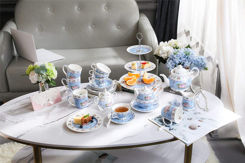 London Boutique Cake Plate Set 4 Porcelain Fine China Wide Rimmed Shabby Chic (Rose Blue)