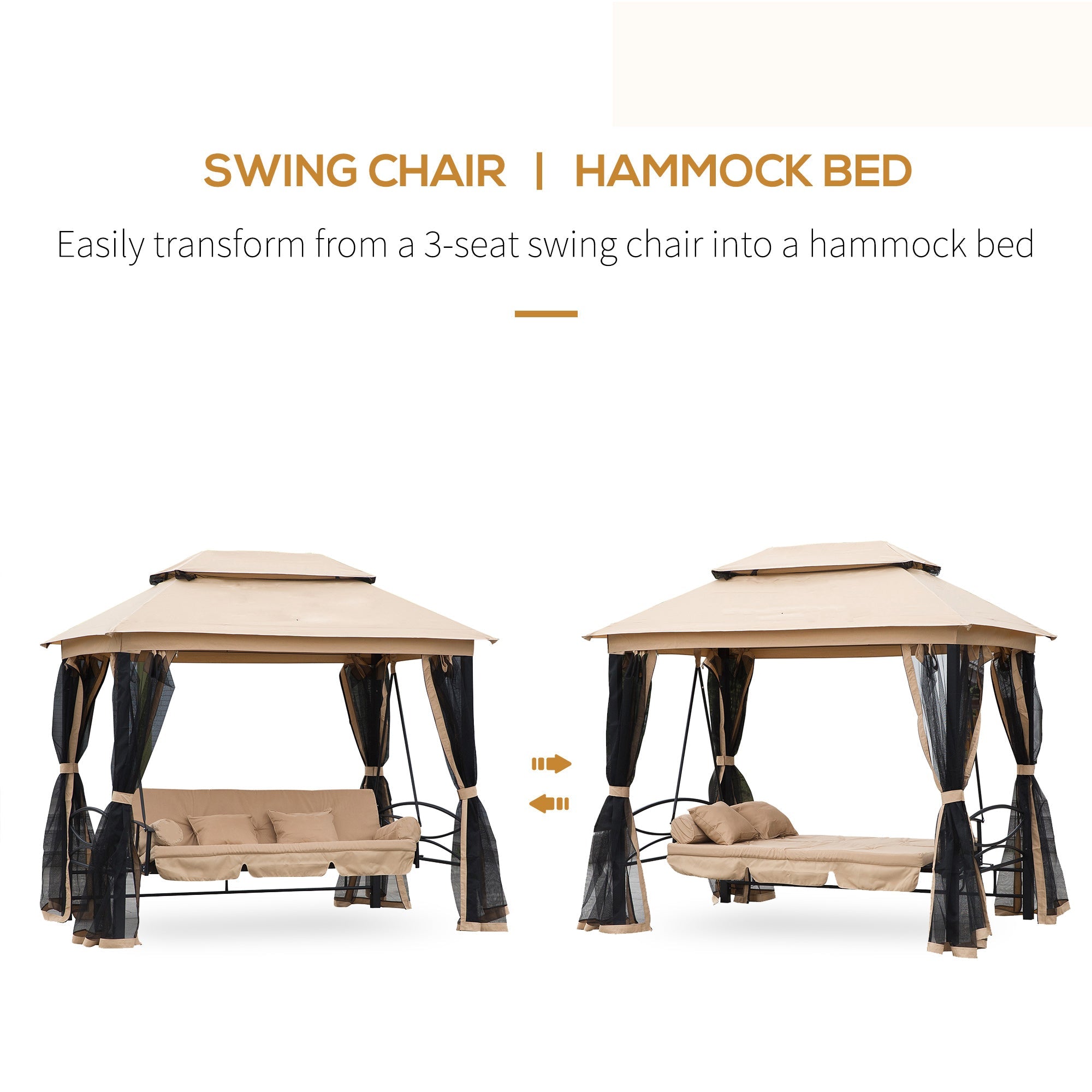 Outsunny 3 Seater Swing Chair 3-in-1 Convertible Garden Swing Seat Bed Gazebo Patio Bench Outdoor with Double Tier Canopy, Cushioned Seat, Mesh Sidewalls, Beige