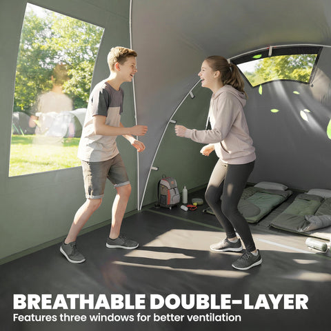 Outsunny Family Camping Tent 3000mm Waterproof Windproof Tunnel Tent 8-12 Person Two Bedrooms Green