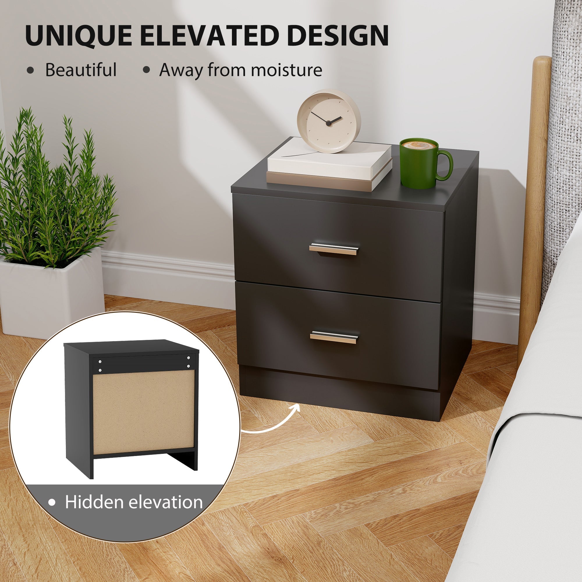 HOMCOM Modern Bedside Table, Beside Cabinet with 2 Drawers, for Bedroom, Living Room, Black