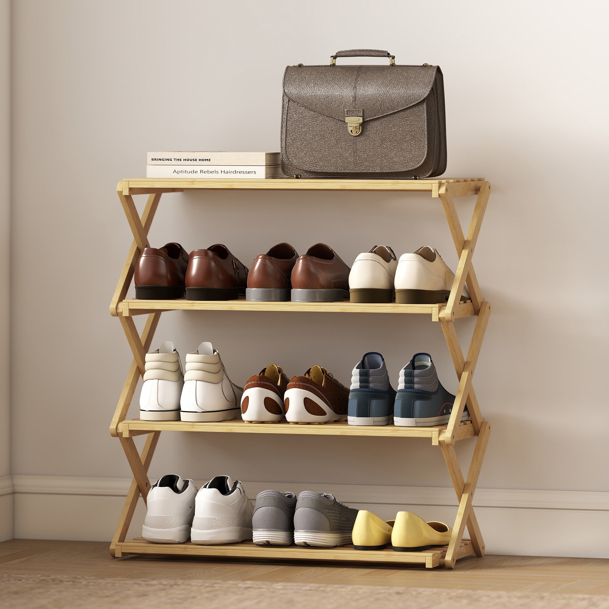 HOMCOM Four-Tier Folding Bamboo Shoe Rack - Natural Finish